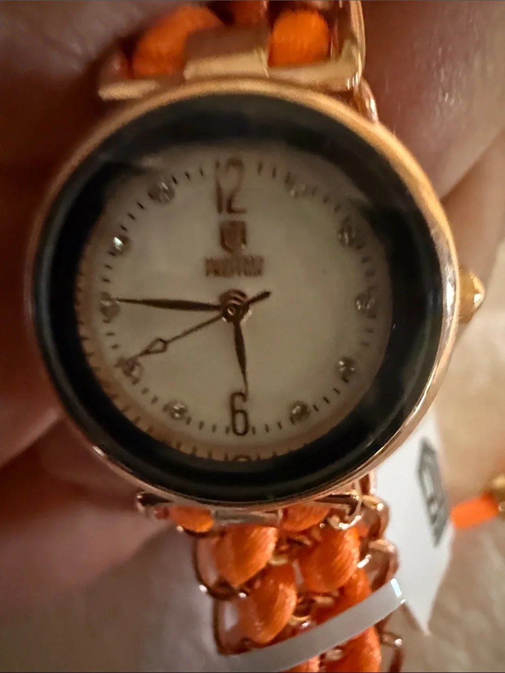 Gold-Tone Women's Watch with Orange Woven Chain /Woven Band